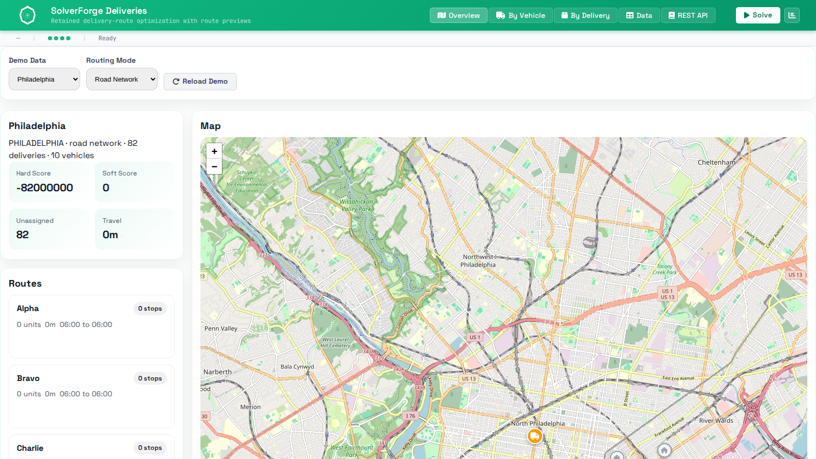 SolverForge Deliveries overview showing vehicle route cards beside a Philadelphia route map.