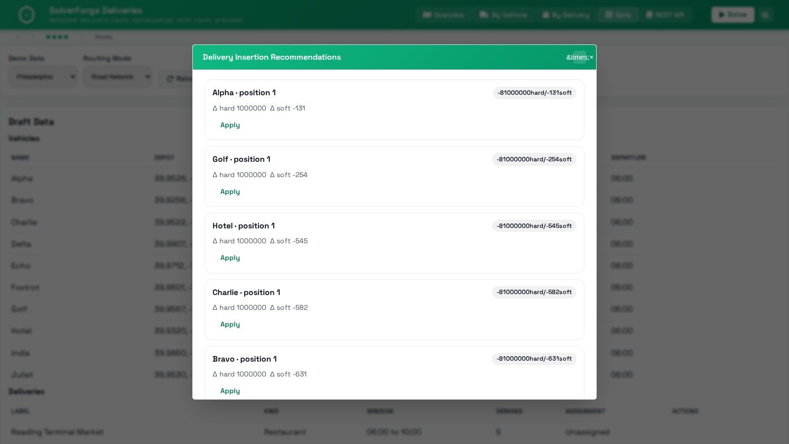 SolverForge Deliveries recommendations modal showing insertion options for route repair.