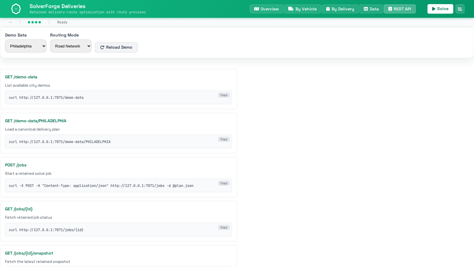 SolverForge Deliveries REST API tab showing retained-job endpoints for routes, snapshots, status, and analysis.