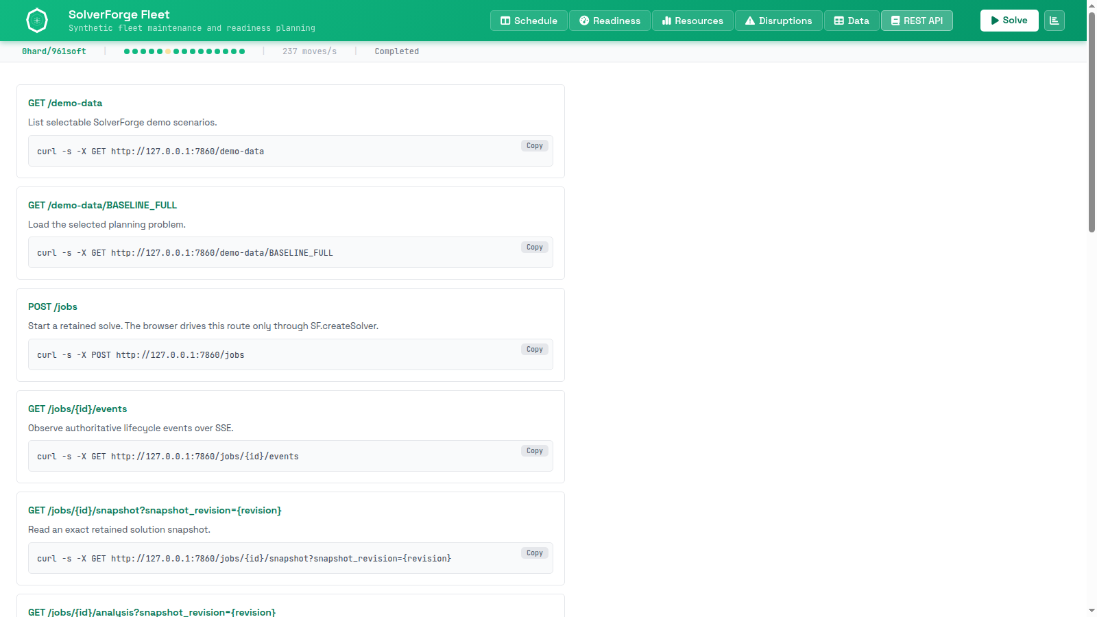 SolverForge Fleet REST API guide listing demo data, retained jobs, snapshots, analysis, lifecycle, and event endpoints with curl examples.