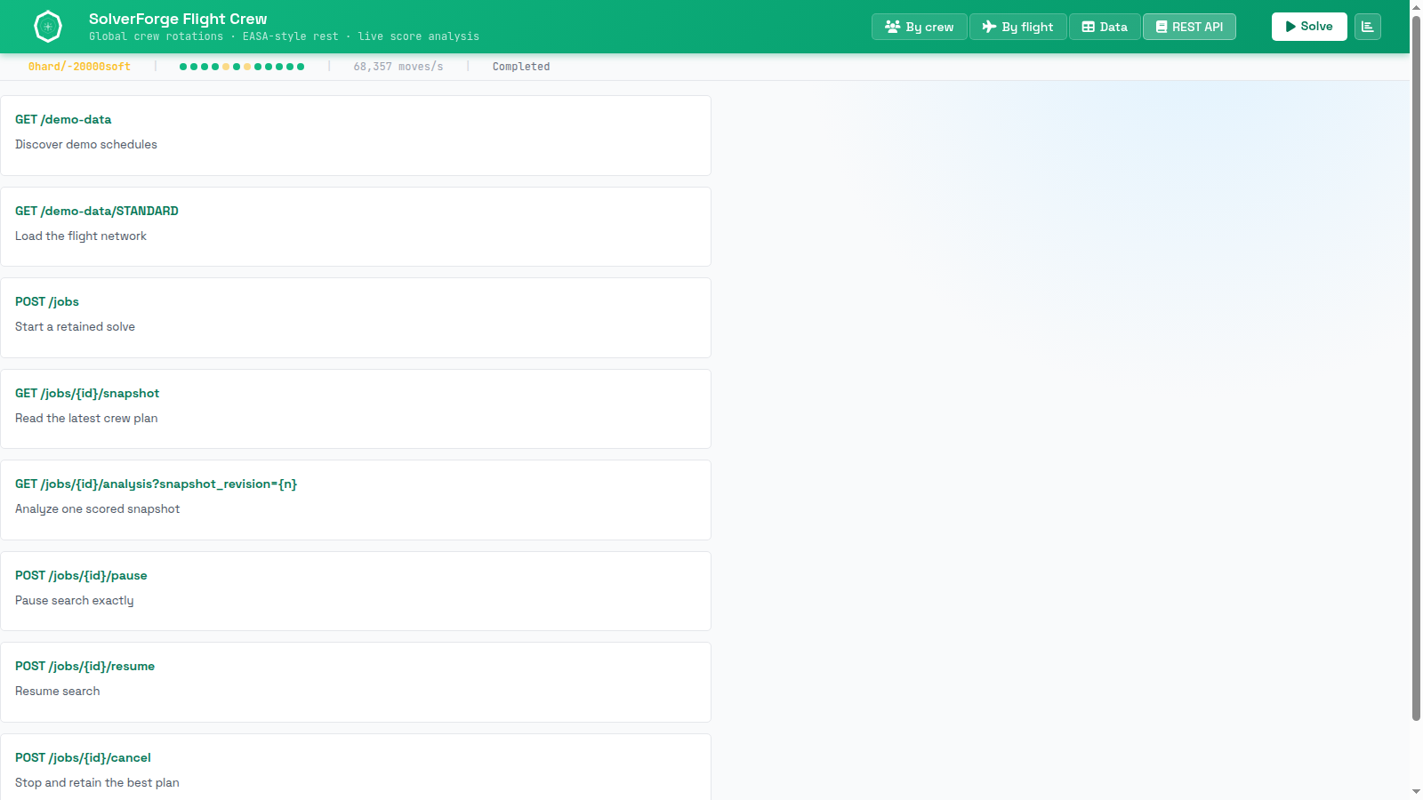 SolverForge Flight Crew REST API guide listing demo data, retained jobs, status, snapshots, analysis, lifecycle, and event endpoints.
