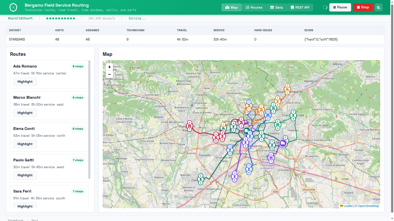 SolverForge Field Service Routing map showing assigned Bergamo technician routes, route cards, status bar, and colored route geometry.