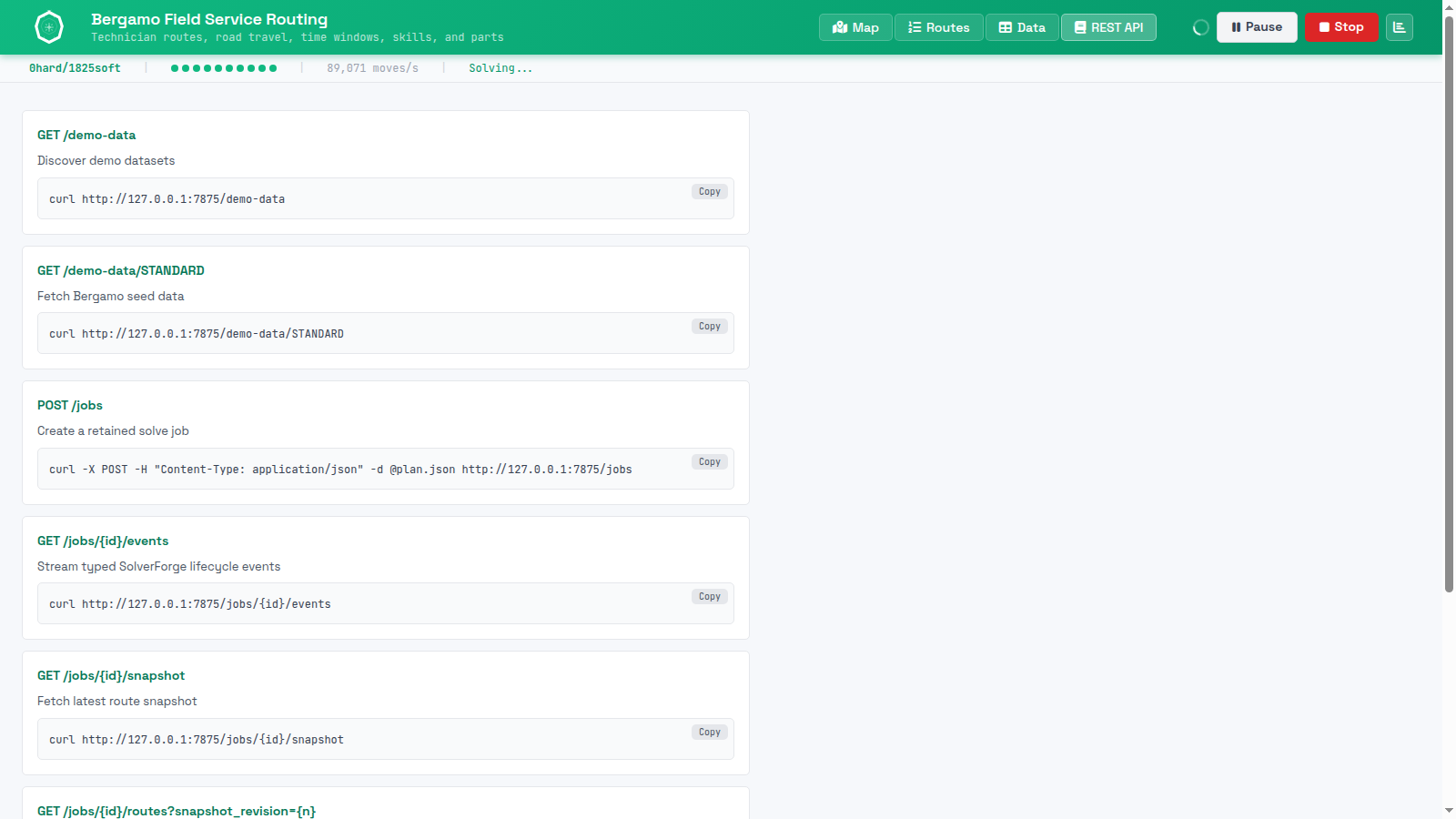 SolverForge Field Service Routing REST API tab showing demo data, retained jobs, snapshots, route geometry, events, and analysis endpoints.