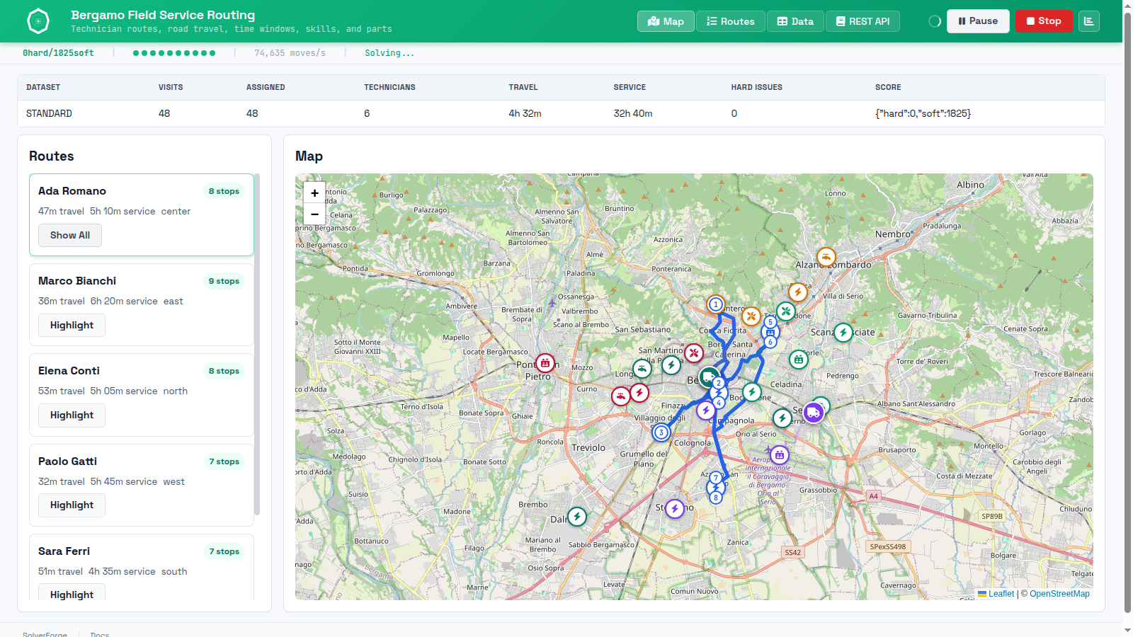 SolverForge Field Service Routing map with one technician route highlighted and route cards beside the Bergamo map.