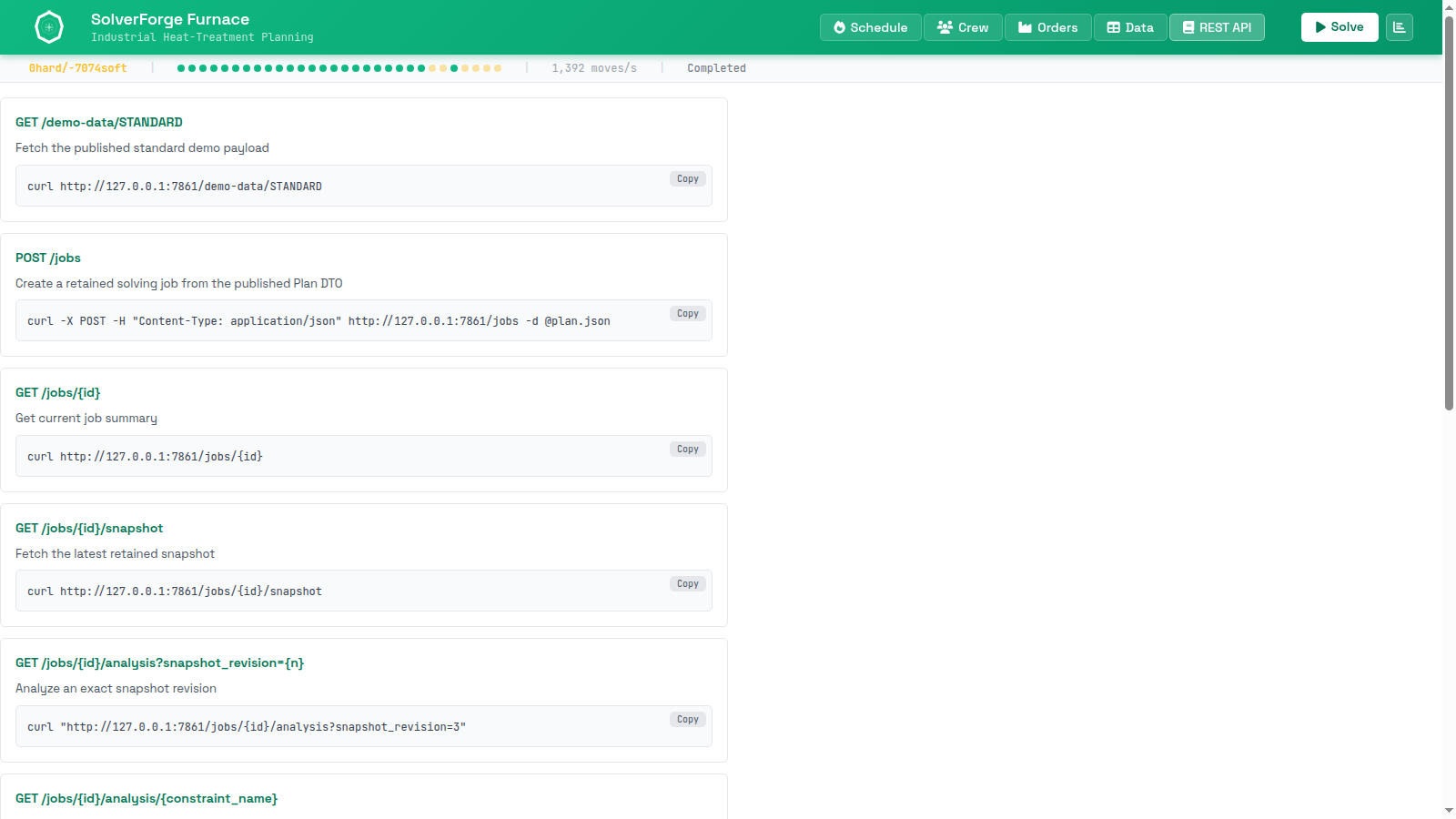 SolverForge Furnace REST API guide listing demo data, retained jobs, status, snapshots, analysis, and event endpoints with curl examples.