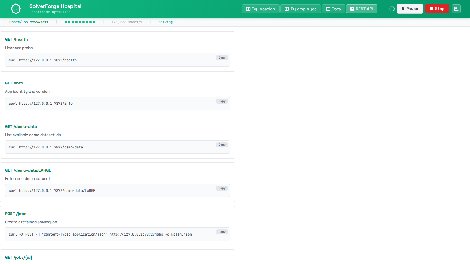 SolverForge Hospital REST API tab showing retained-job endpoints for demo data, solve creation, status, snapshots, and analysis.