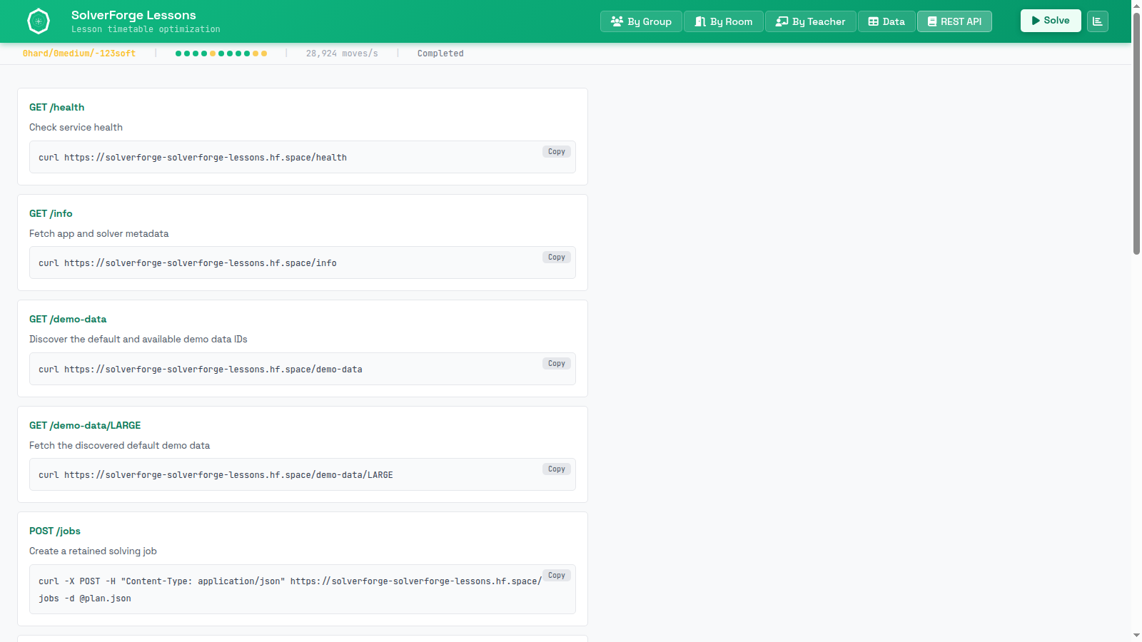 SolverForge Lessons REST API guide listing health, info, demo data, job, snapshot, and analysis endpoints with curl examples.