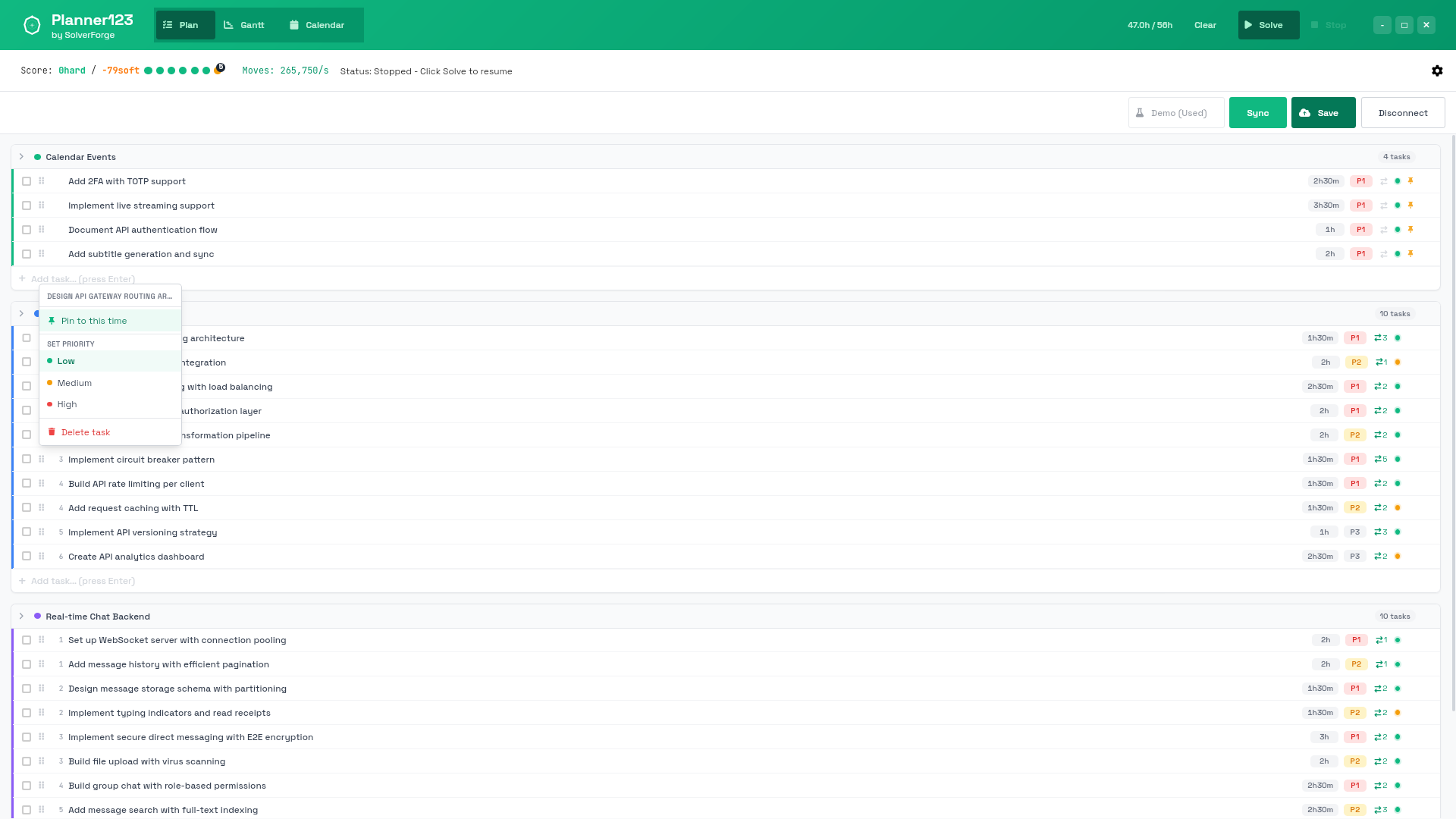 Planner123 — Plan view: right-click context menu with pin and priority options