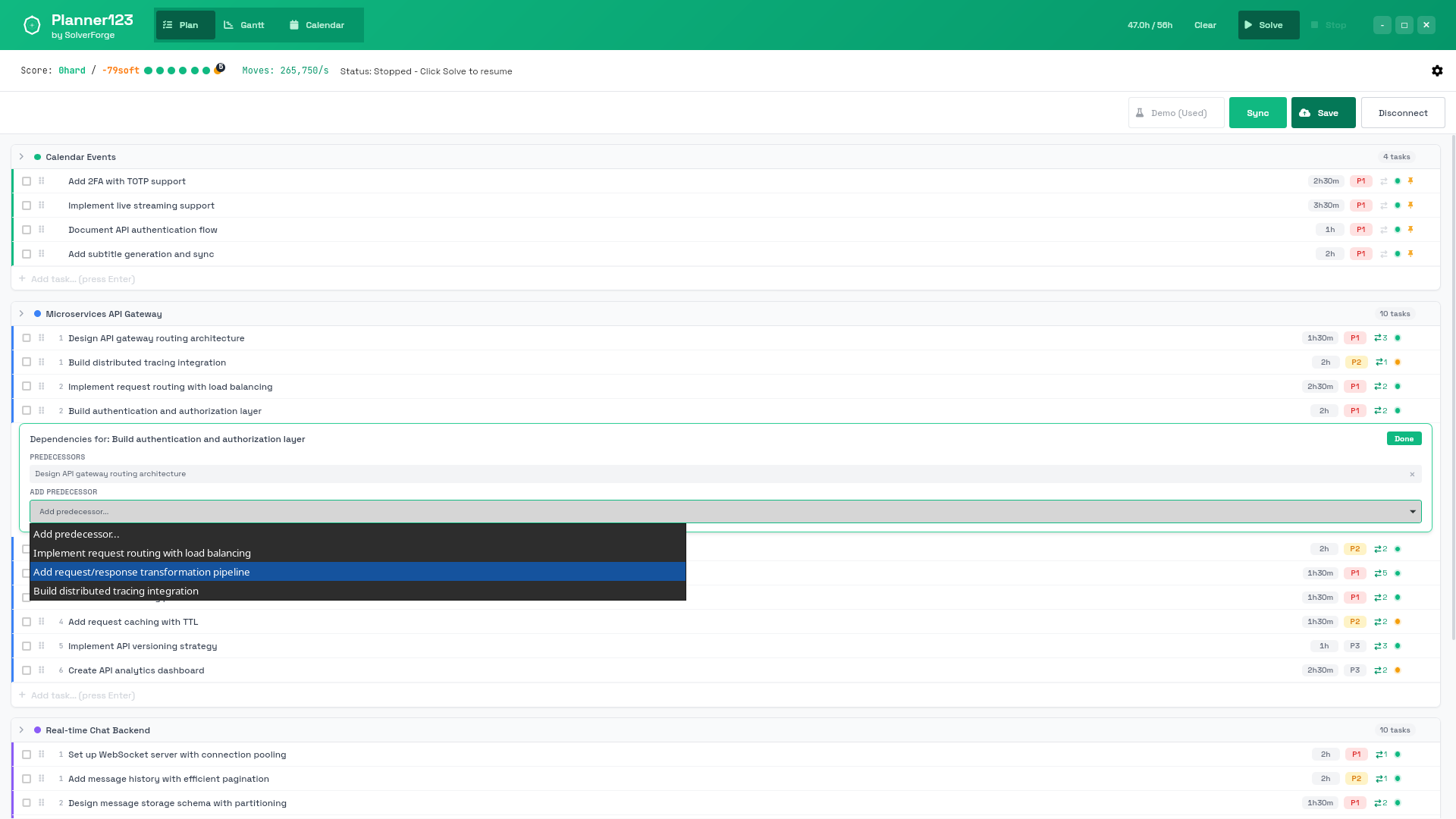 Planner123 — Plan view: dependency editor with predecessor dropdown