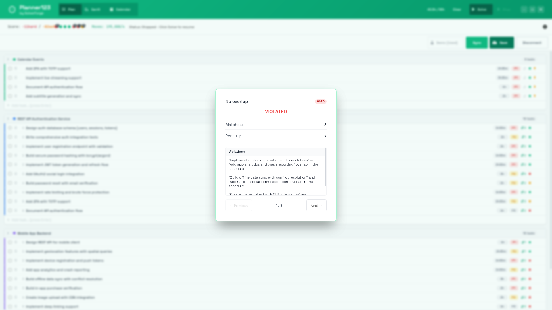 Planner123 — Plan view: constraint violation modal showing overlap conflicts